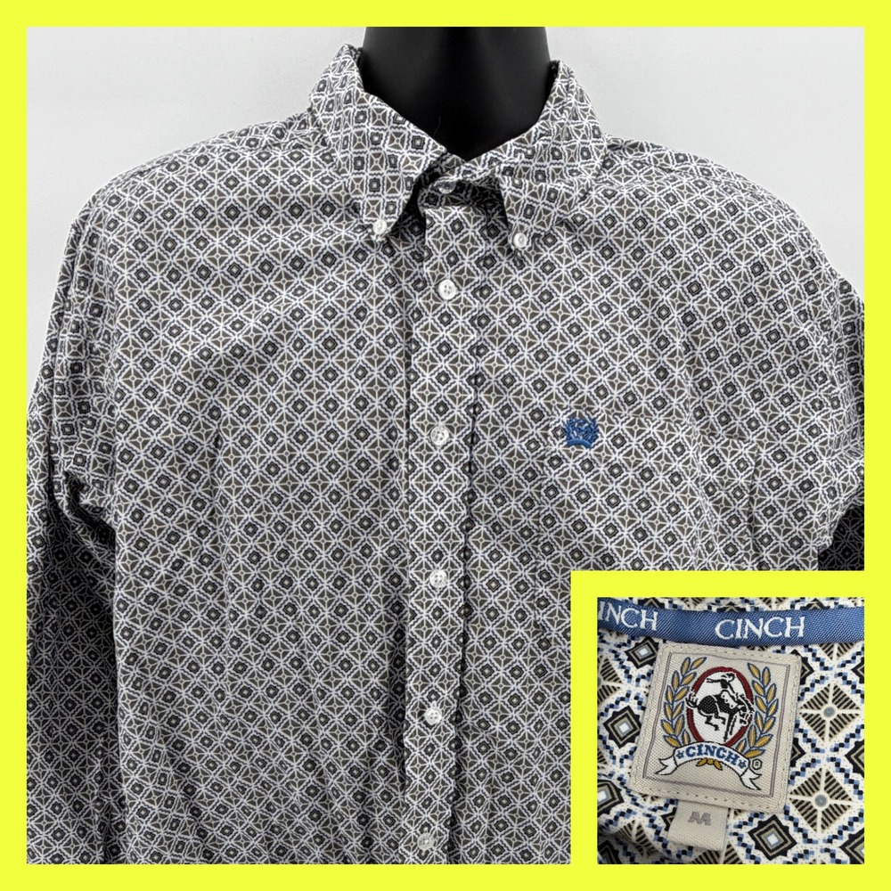 Cinch Men's M Western Shirt Geometric Diamond Print Blue Grey Long Sleeve Button